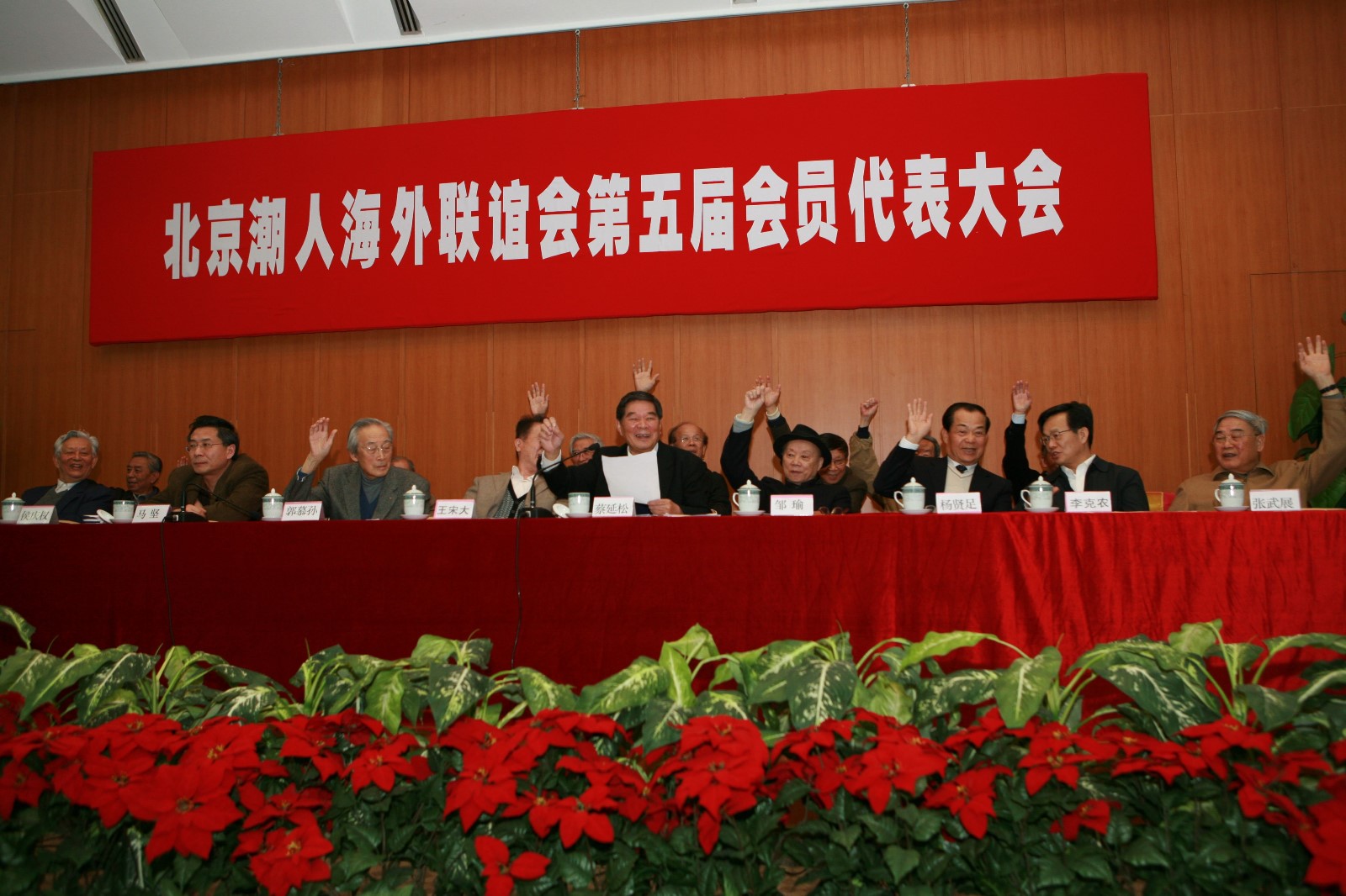 2010年4月25日第五届会员代表大会主席台上就坐的领导举手通过新一届领导班子人选.JPG
